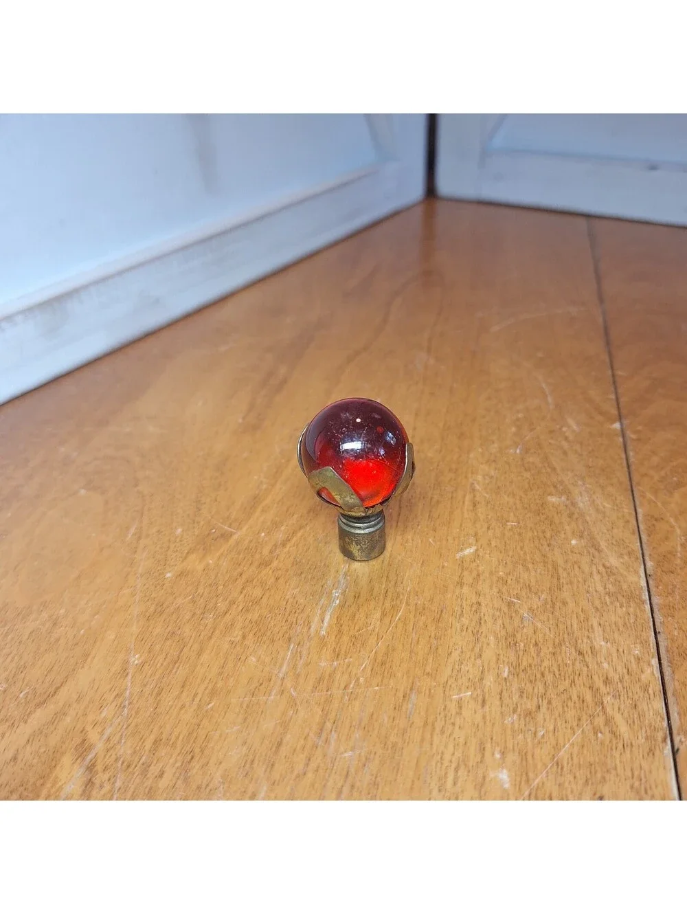 Vintage Art Deco Ruby Red Glass Marble Lamp Finial Wrapped In Brass 1.5